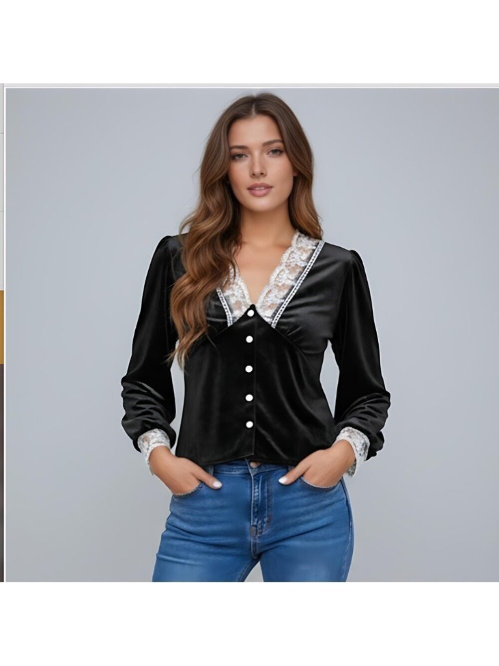 Lace Puff Sleeve Velvet Blouse